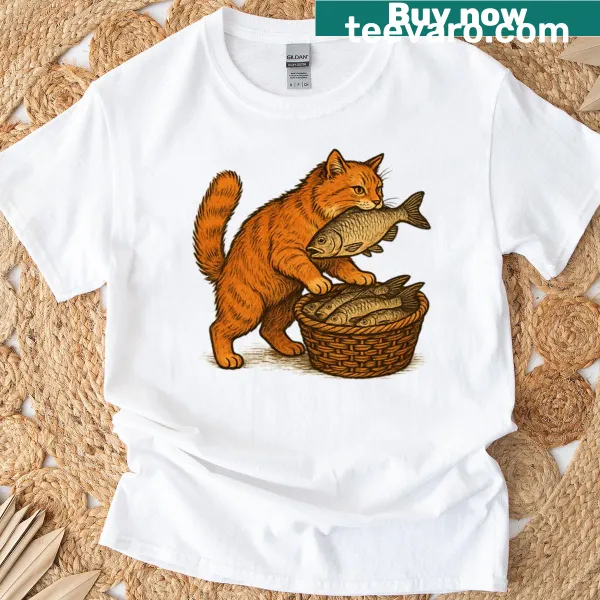 Hand-drawn t-shirt featuring an orange cat and fish basket