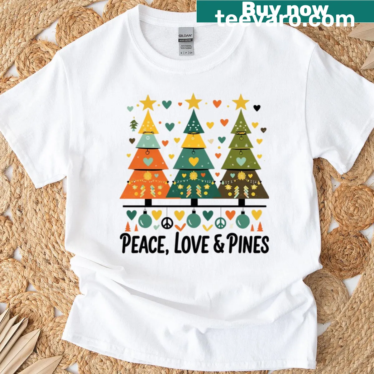 Groovy Christmas design with peace, love, and pines — on a men's t-shirt