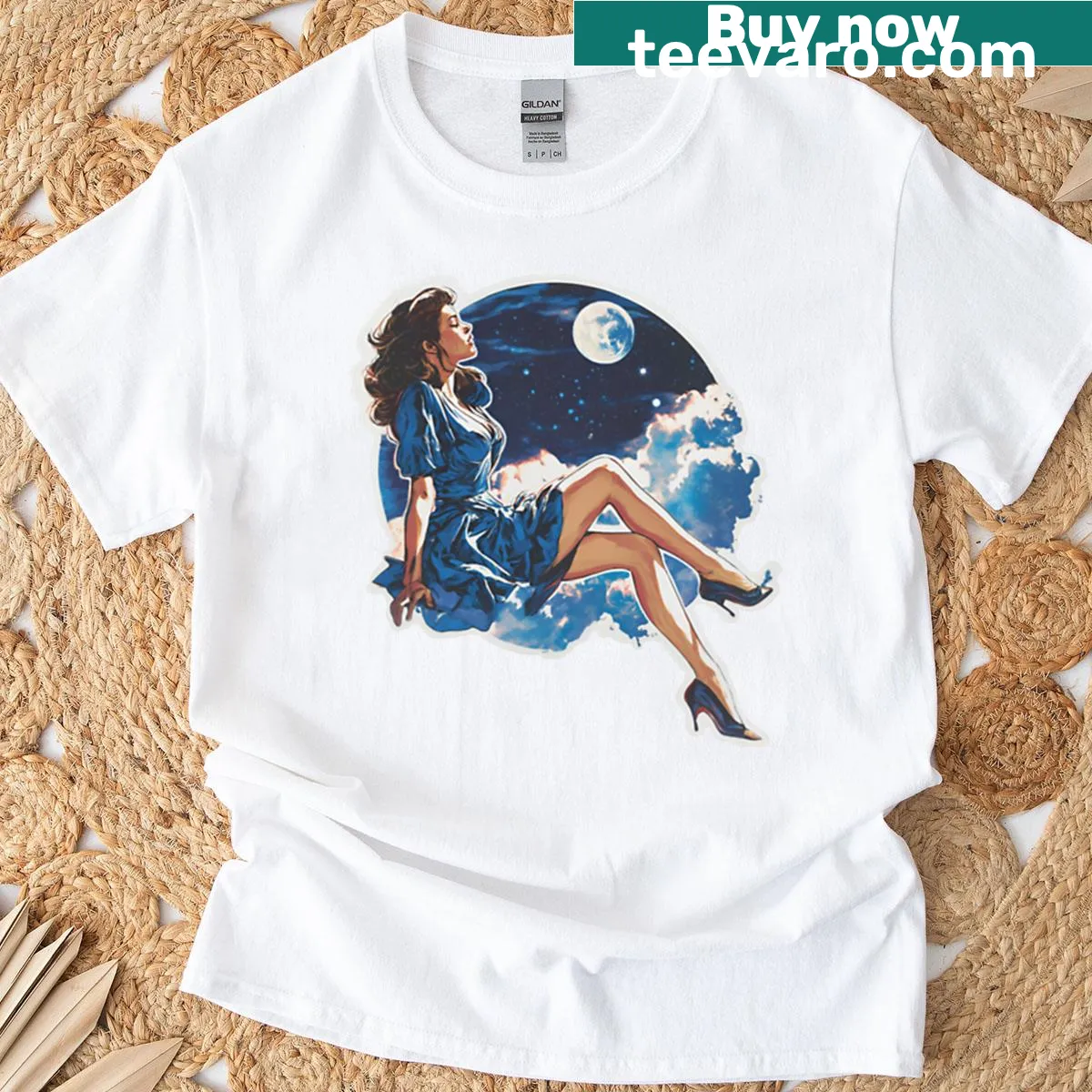 Whimsical illustration of a pinup figure on clouds on a T-shirt — on a men's t-shirt