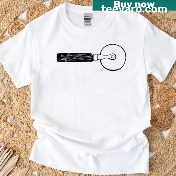 Humorous pizza cutter graphic on a casual T-shirt
