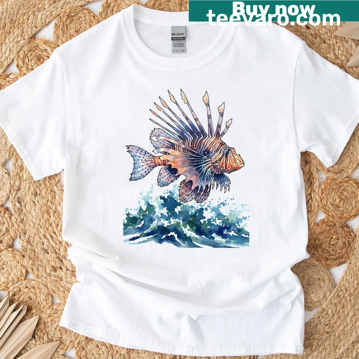 Watercolor t-shirt featuring a poisonous lionfish design — on a men's t-shirt