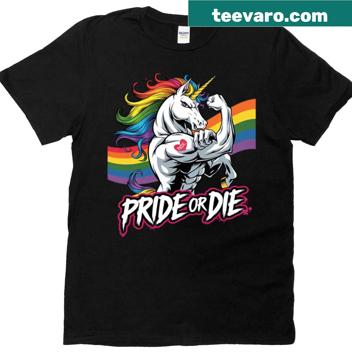 Unicorn design with 'Pride Or Die' text on an LGBTQ T-shirt — on a men's t-shirt