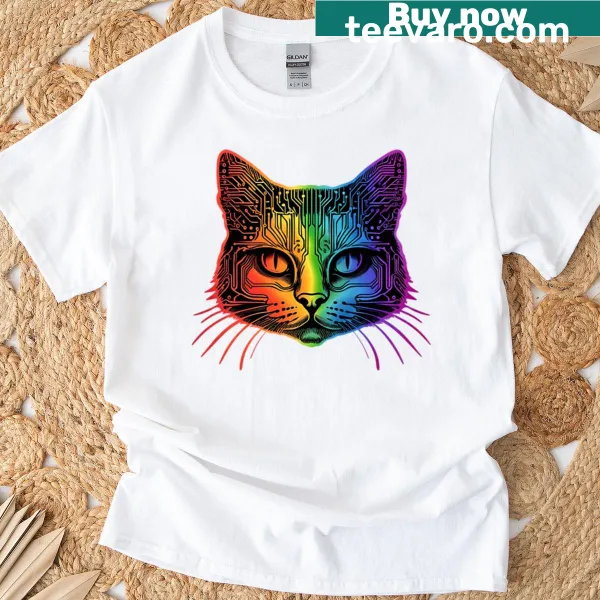 T-shirt featuring a cat with computer chip elements in a playful design