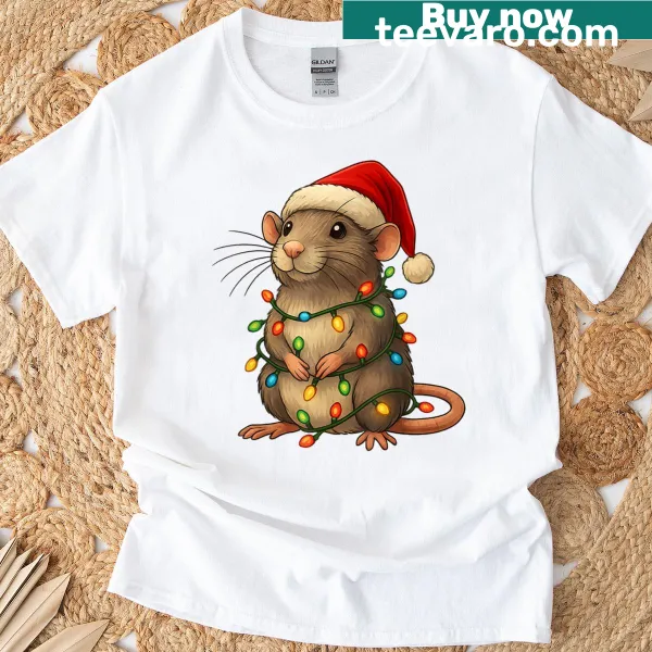 Funny Christmas T-shirt with a rat and Xmas lights