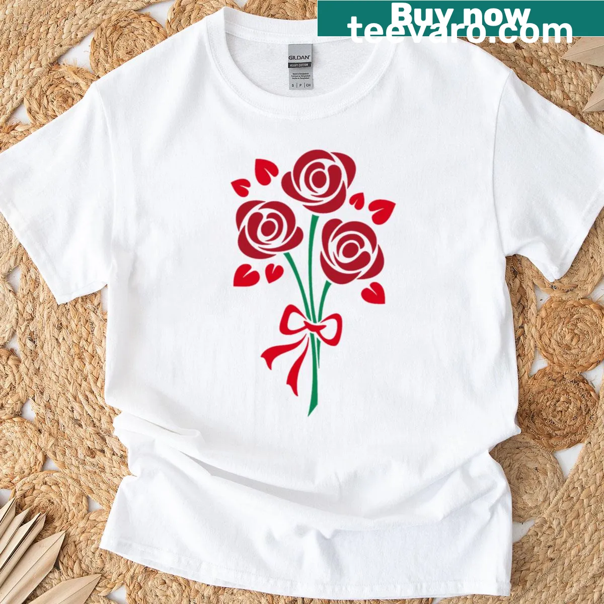 T-shirt featuring an elegant red rose bunch illustration. — on a men's t-shirt