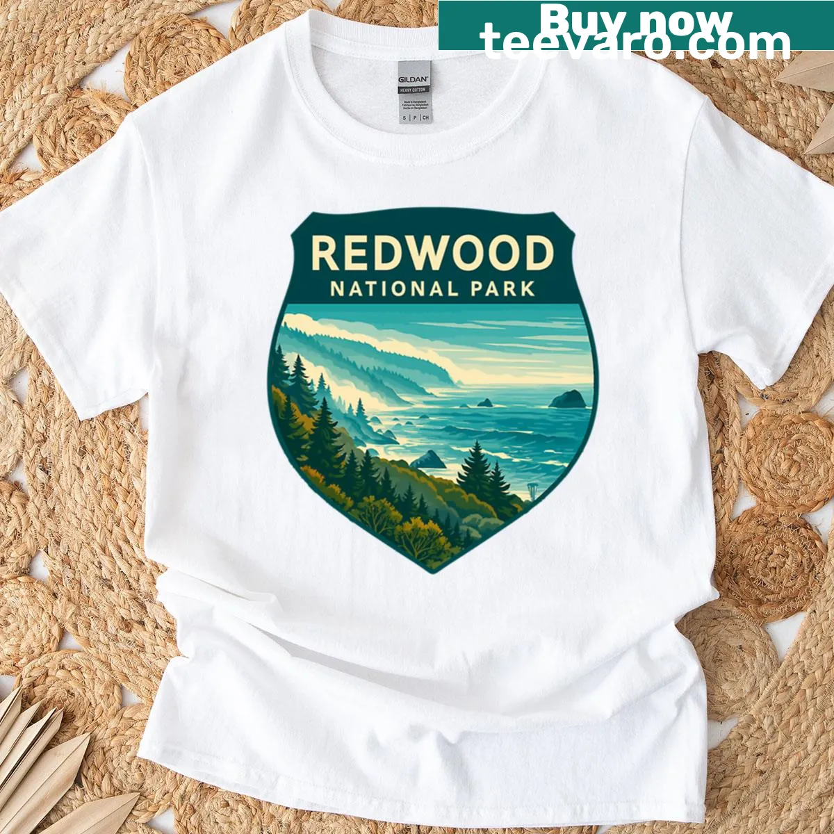 Illustrated T-shirt depicting Redwood National Park scenery — on a men's t-shirt