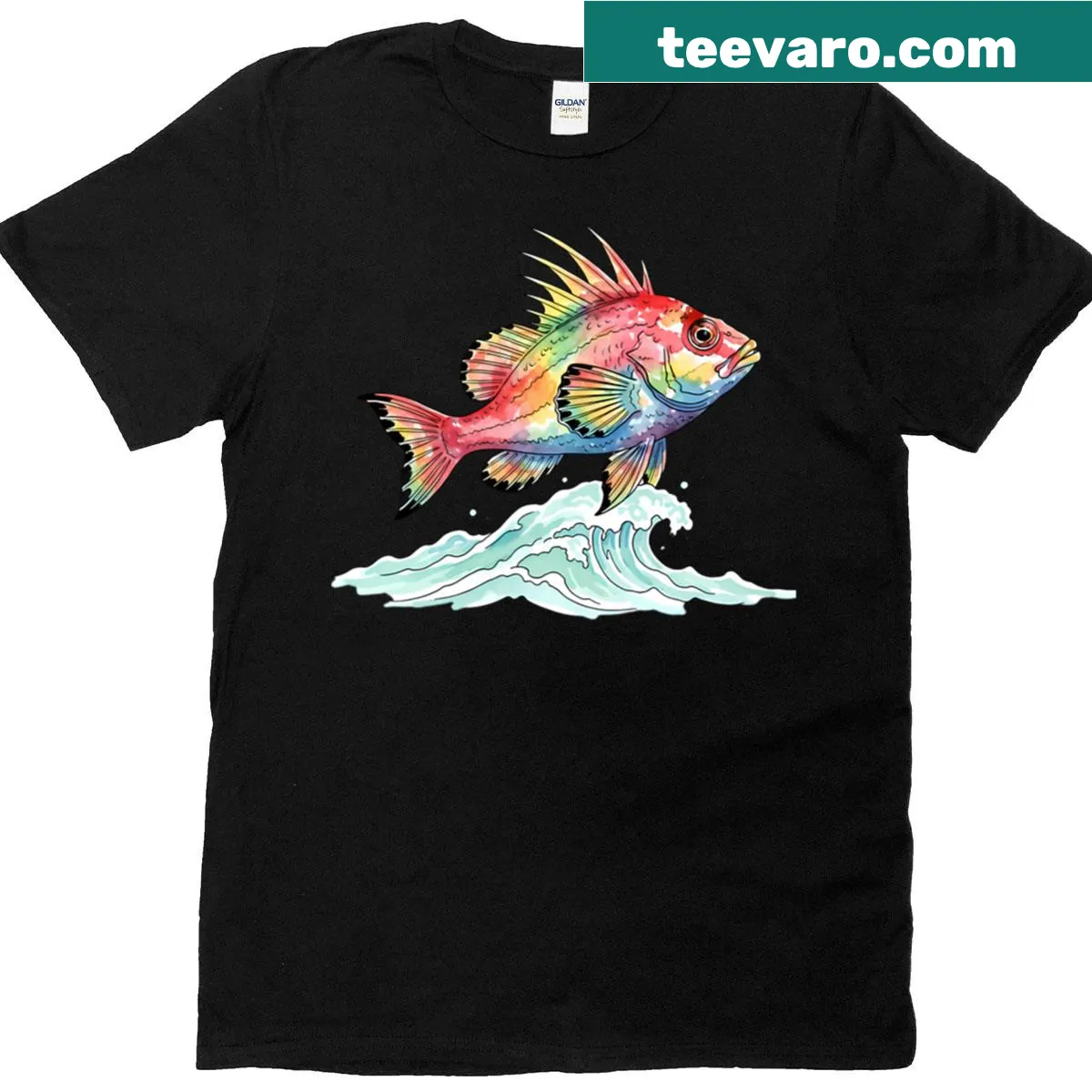 Watercolor t-shirt featuring a hawkfish and coral illustration — on a men's t-shirt