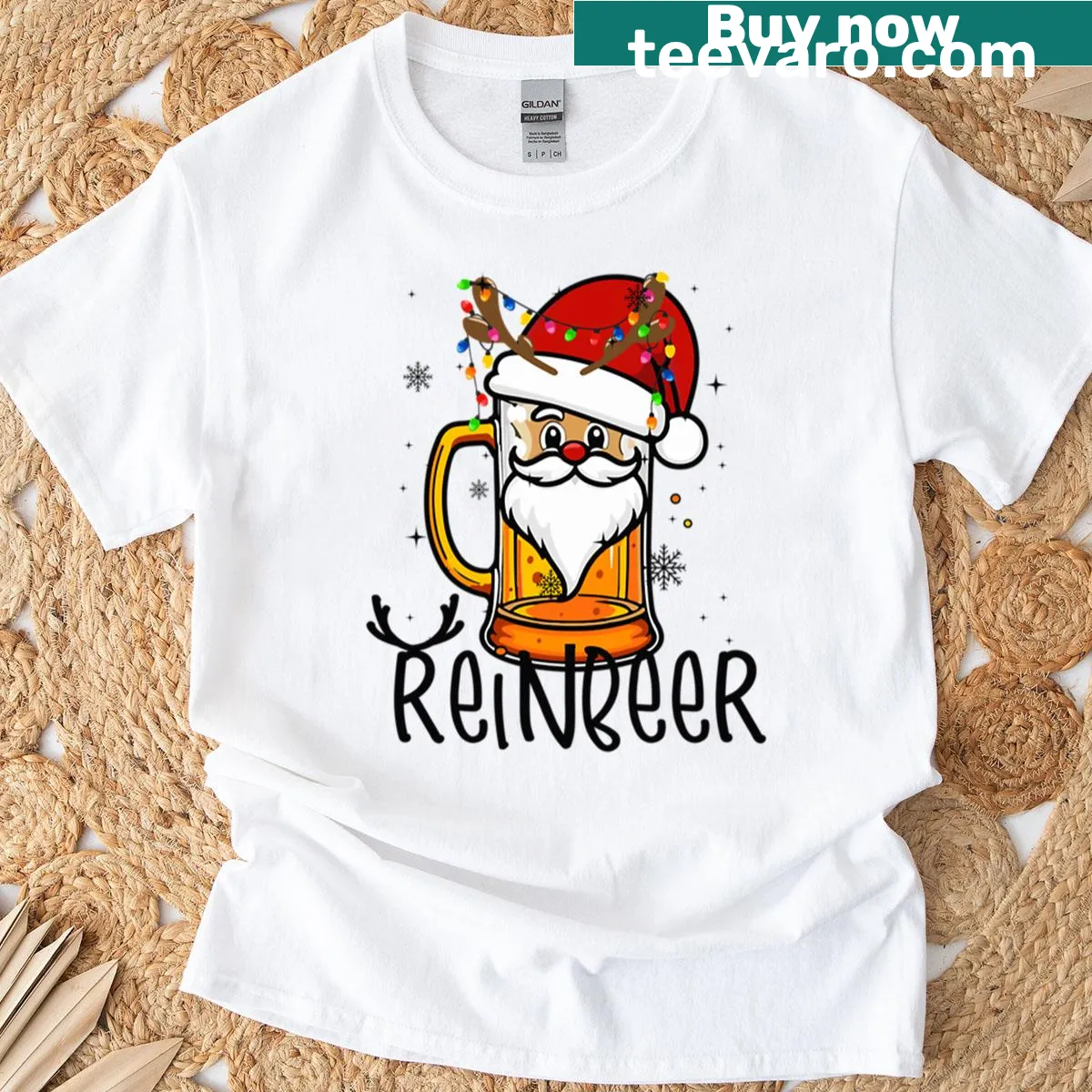 Funny reindeer with beer design on a Christmas t-shirt — on a men's t-shirt