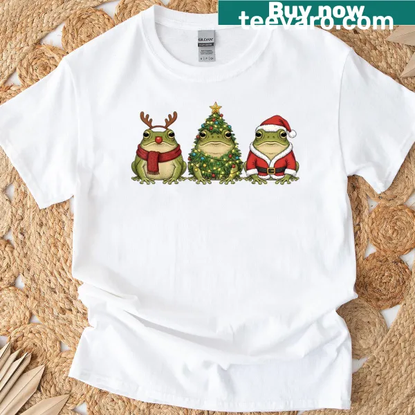 Retro Christmas T-shirt featuring frog, Santa, and reindeer design