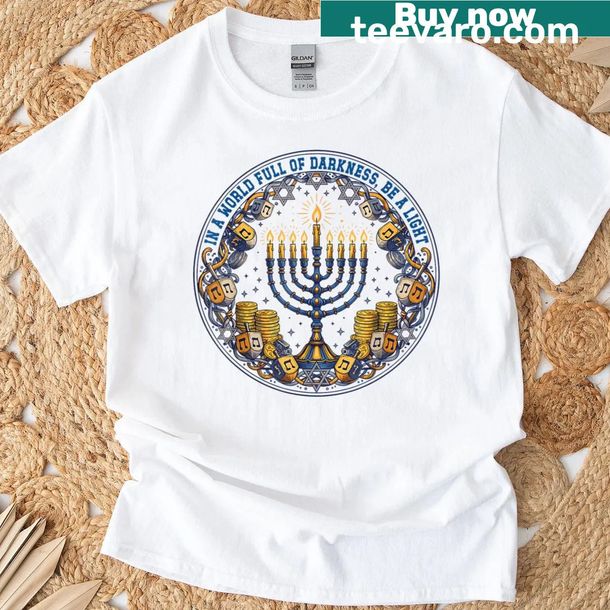 Menorah graphic with 'Be A Light' on a Hanukkah t-shirt — on a men's t-shirt
