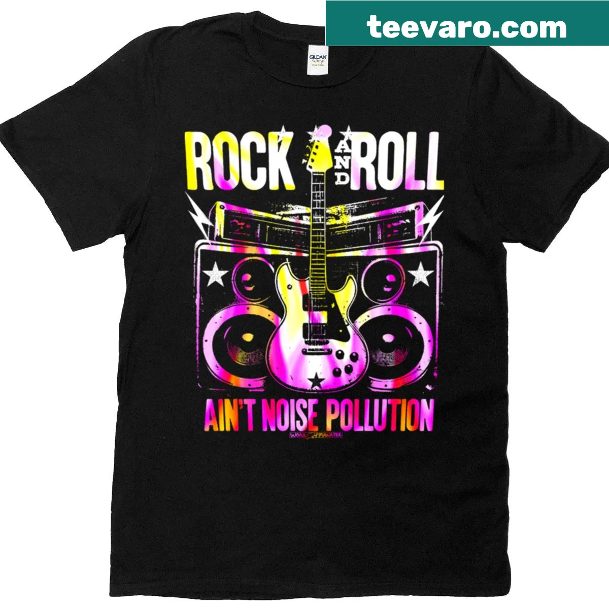 Bold text design proclaiming 'Rock N Roll Ain't Noise Pollution' — on a men's t-shirt