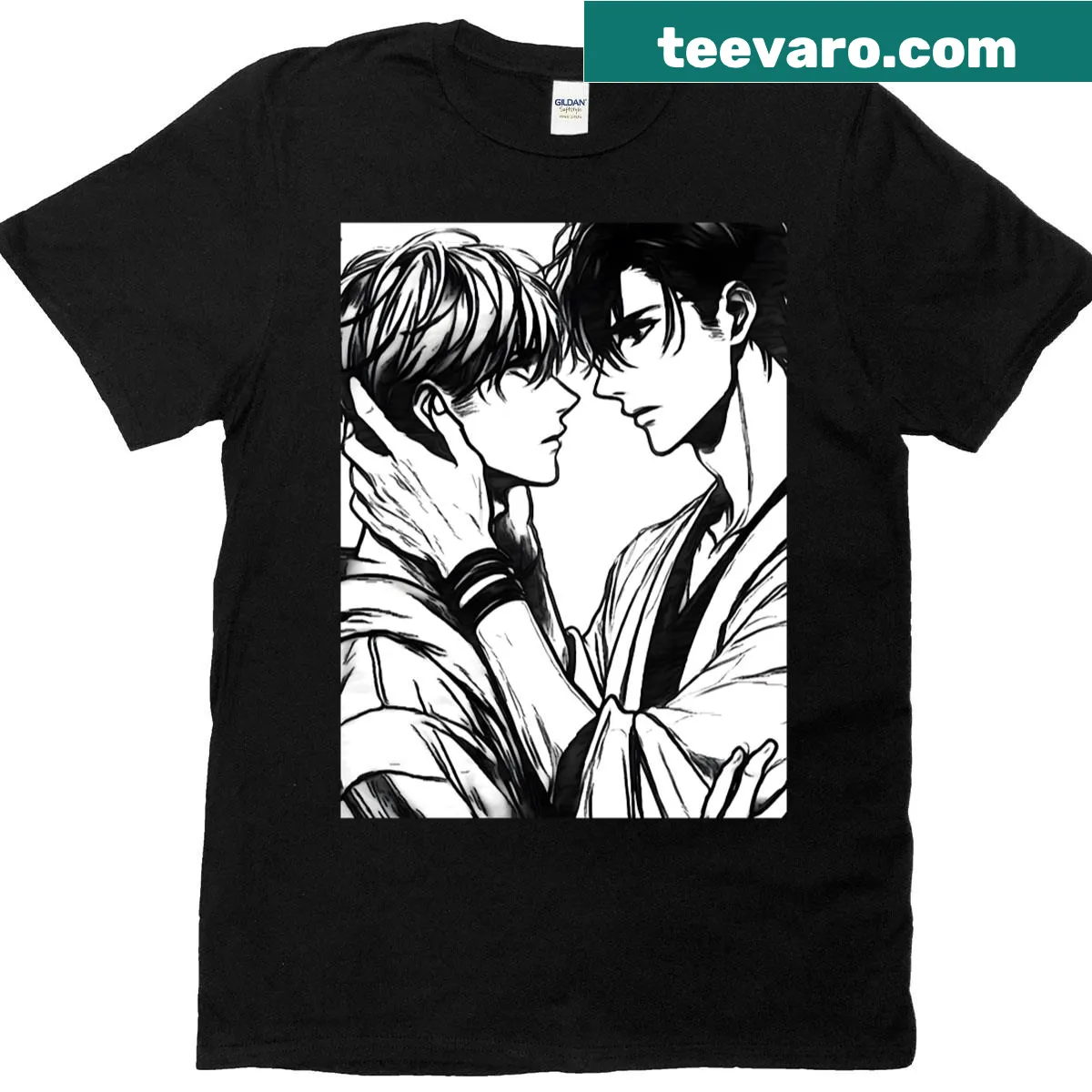 Illustrated scene from yaoi manga depicting a romantic moment between boys — on a men's t-shirt
