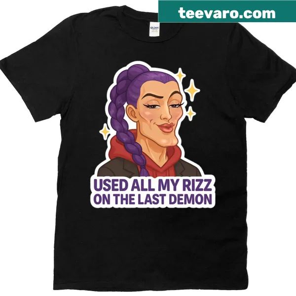 Funny demon hunter t-shirt with bold text saying 'Sticker Used My Rizz'