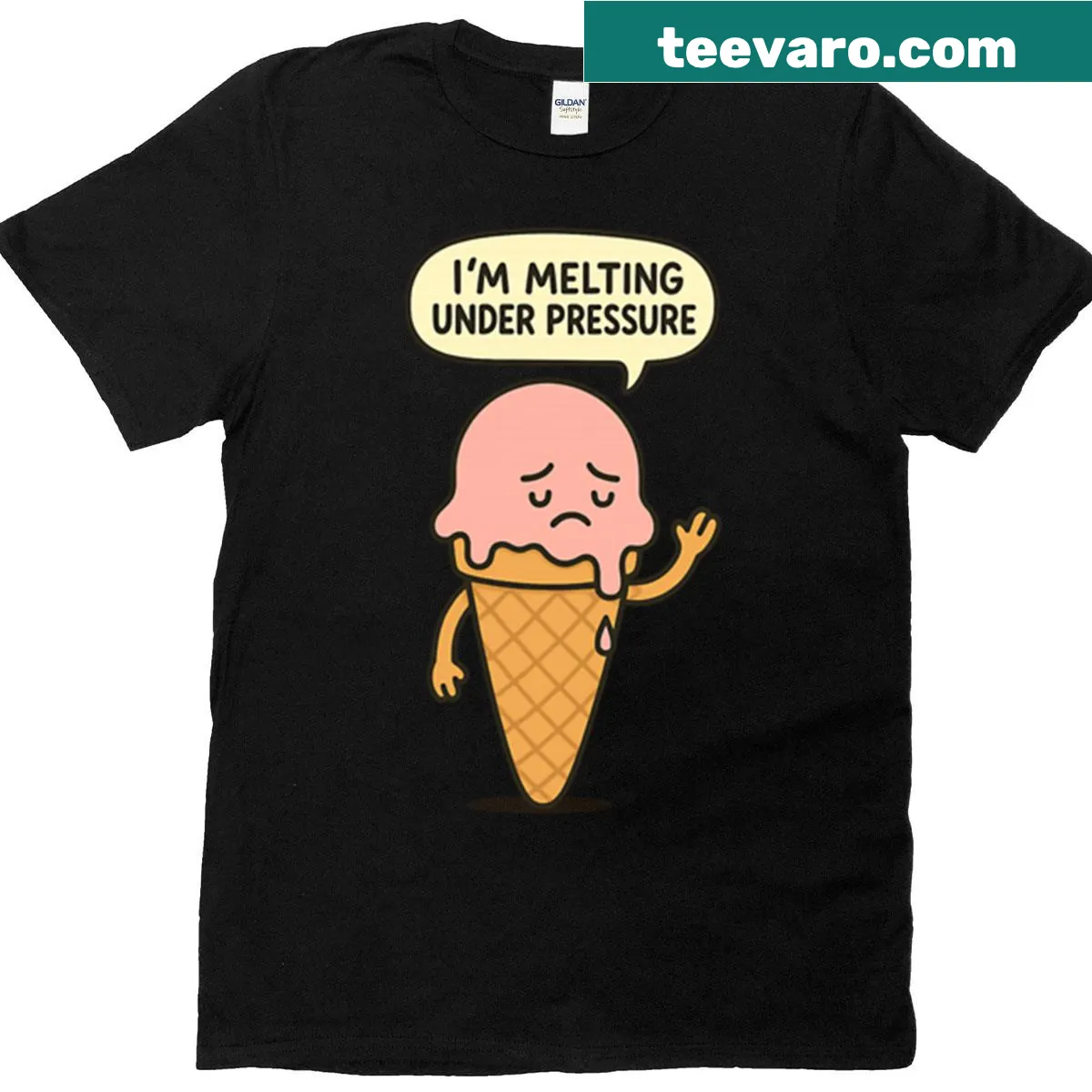 T-shirt featuring a sad ice cream cone illustration — on a men's t-shirt