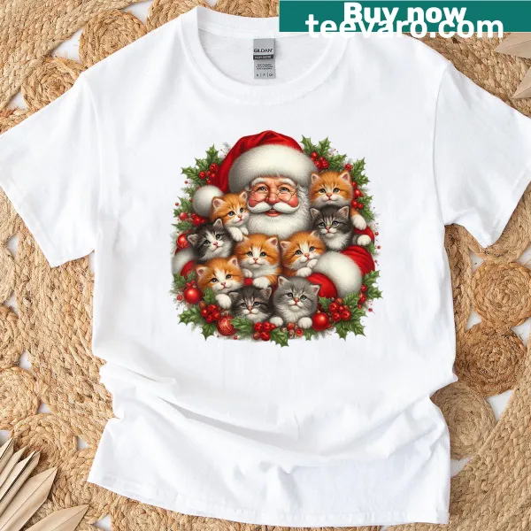 Cute Christmas T-shirt featuring Santa Claus and kittens