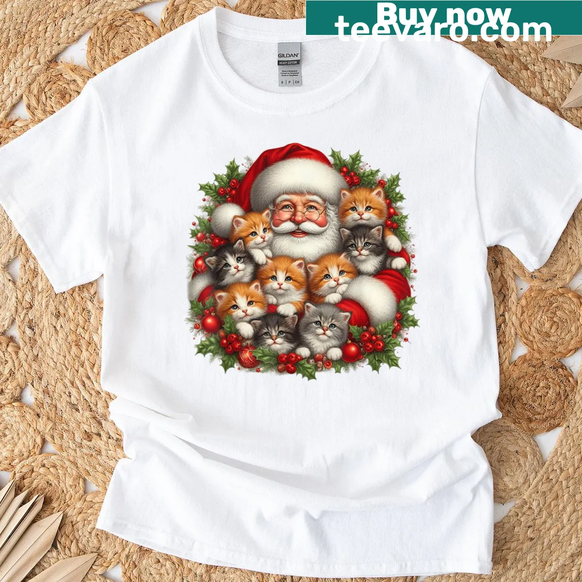 Cute Christmas T-shirt featuring Santa Claus and kittens — on a men's t-shirt