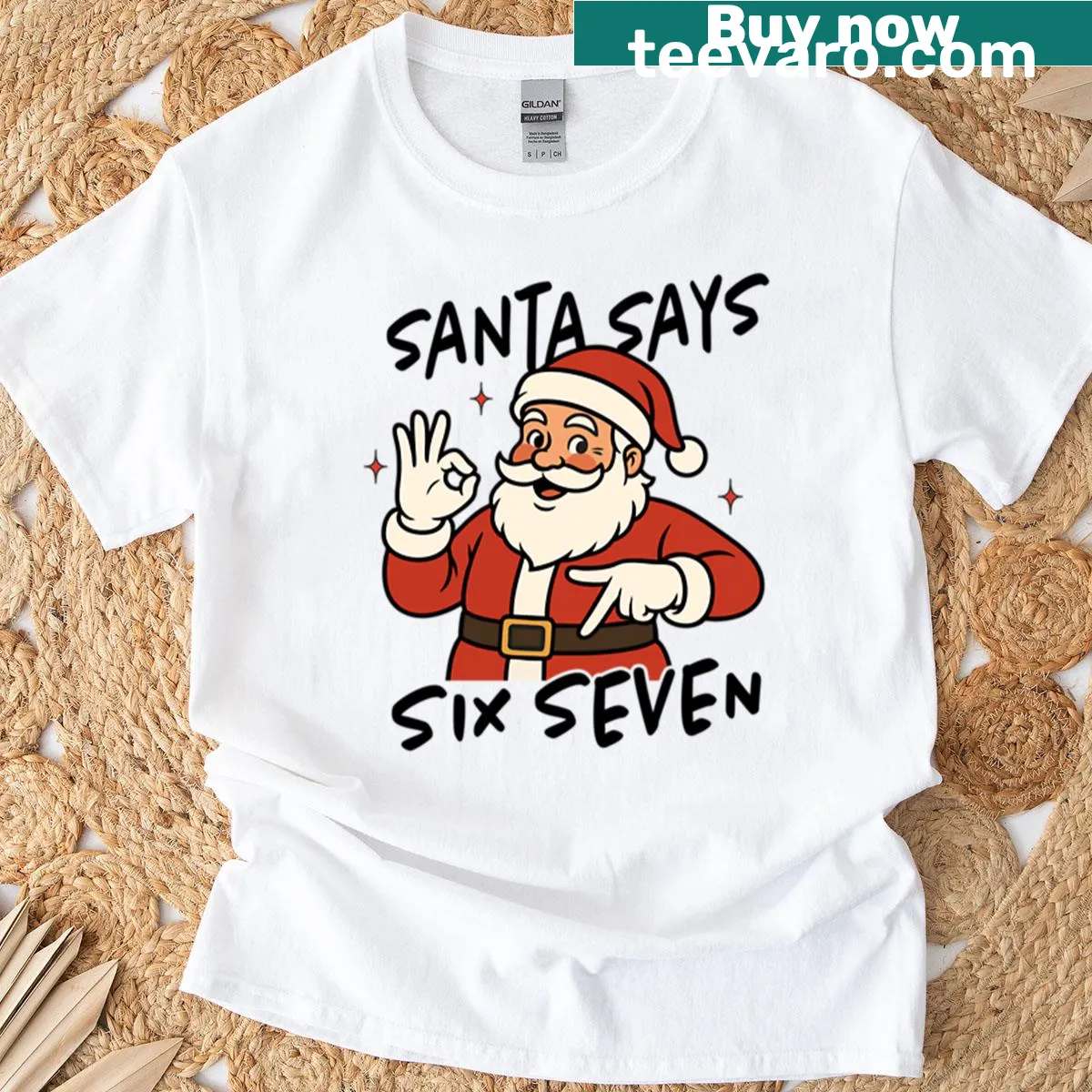 Humorous holiday t-shirt featuring 'Santa Says Six Seven' — on a men's t-shirt
