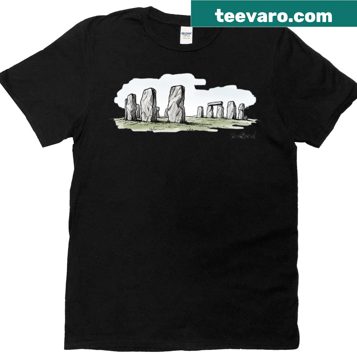 Illustration of ancient Scottish standing stones on a T-shirt — on a men's t-shirt