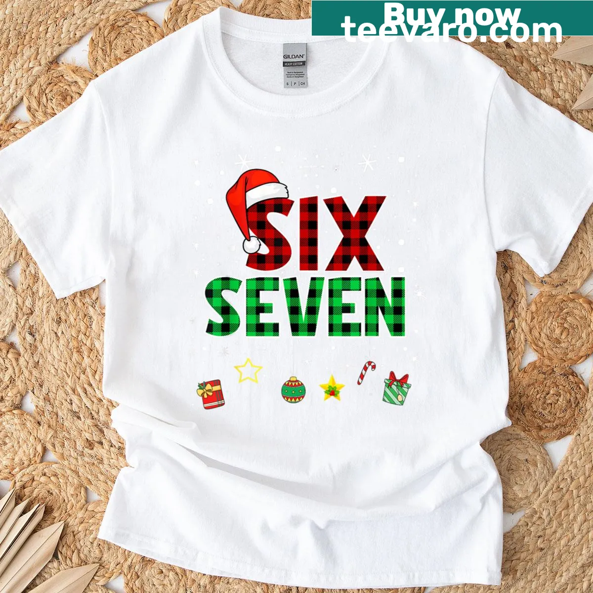 Vintage-style Christmas T-shirt with 6 7 meme design — on a men's t-shirt