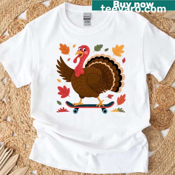 Playful skateboard turkey design T-shirt for Thanksgiving.