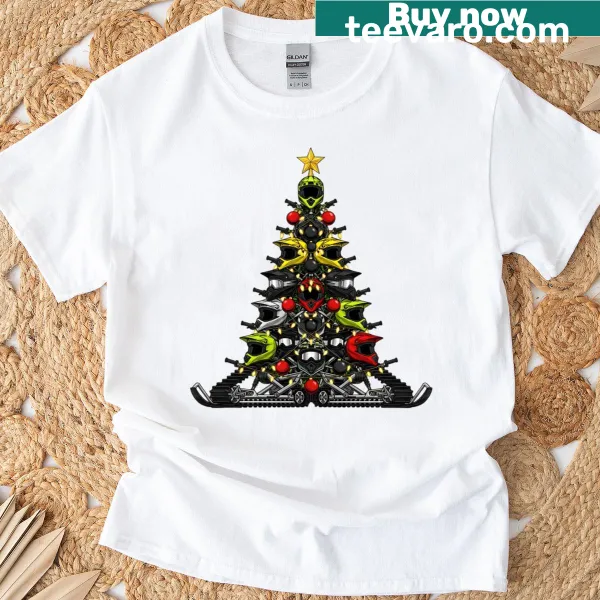 Funny T-shirt featuring a snowmobile with a Christmas tree