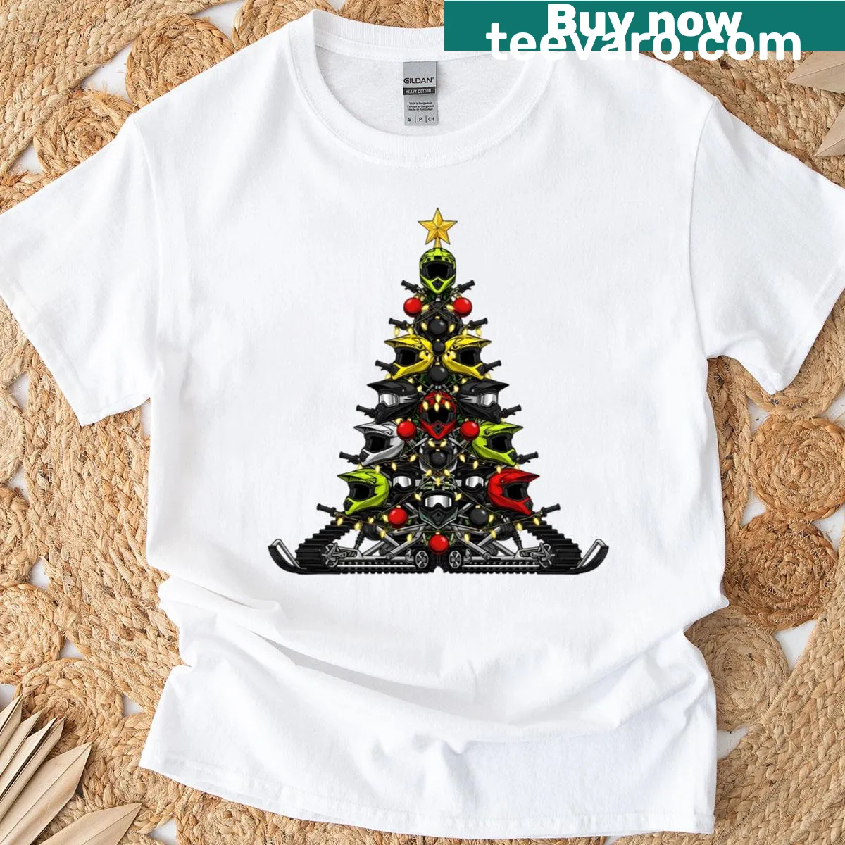 Funny T-shirt featuring a snowmobile with a Christmas tree — on a men's t-shirt