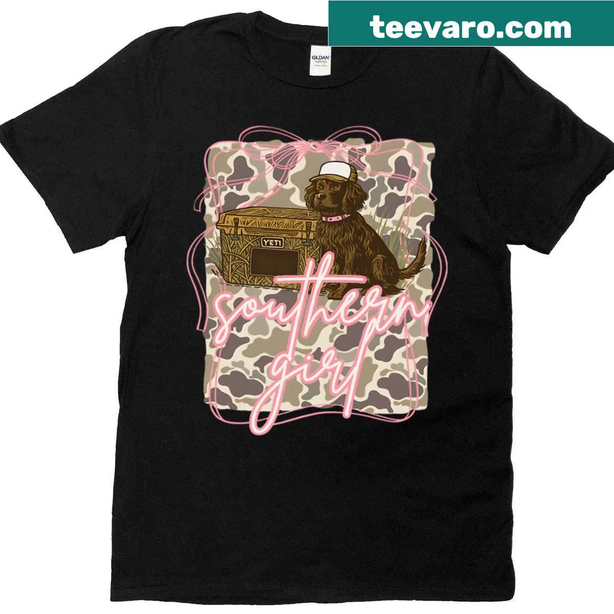 Illustrative Southern Girl T-shirt featuring a girl and her dog — on a men's t-shirt