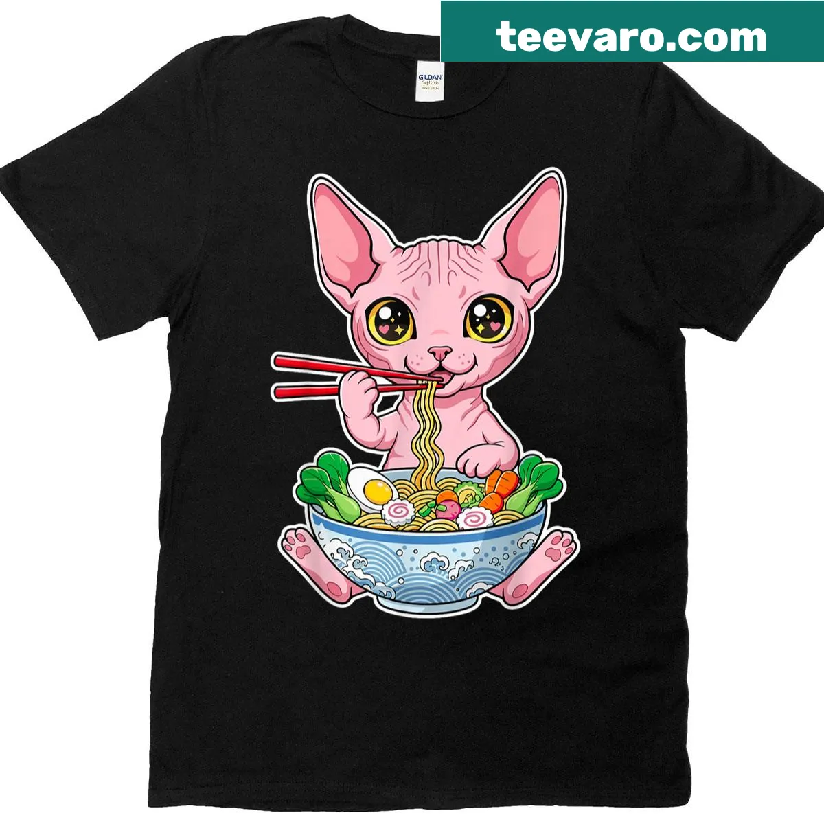 Kawaii Sphynx cat in ramen bowl graphic T-shirt — on a men's t-shirt