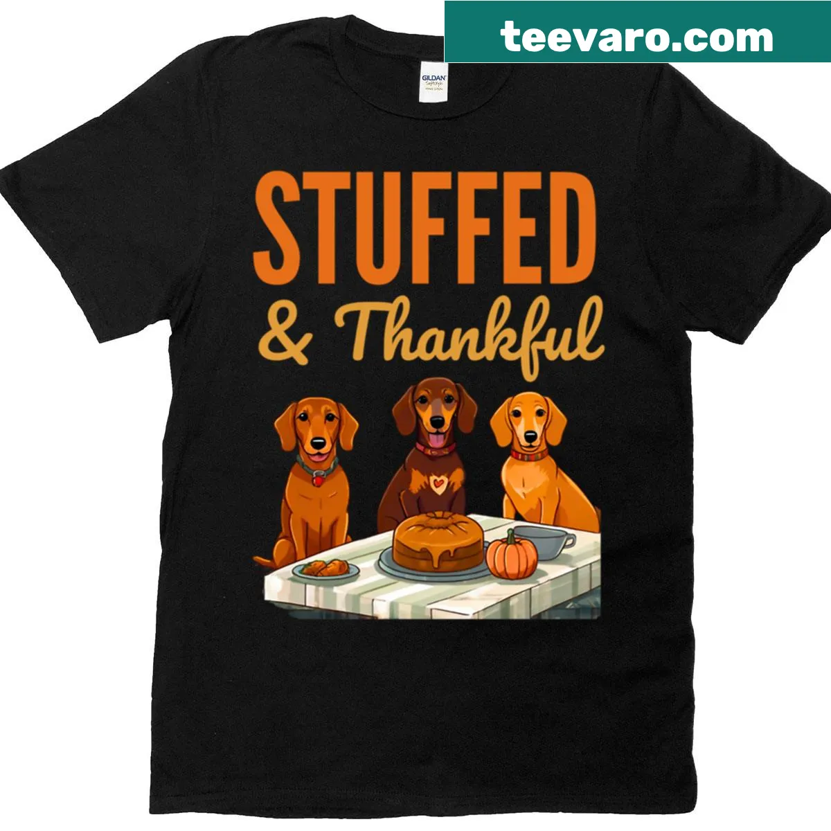 Wholesome illustration of a stuffed dachshund for Thanksgiving — on a men's t-shirt