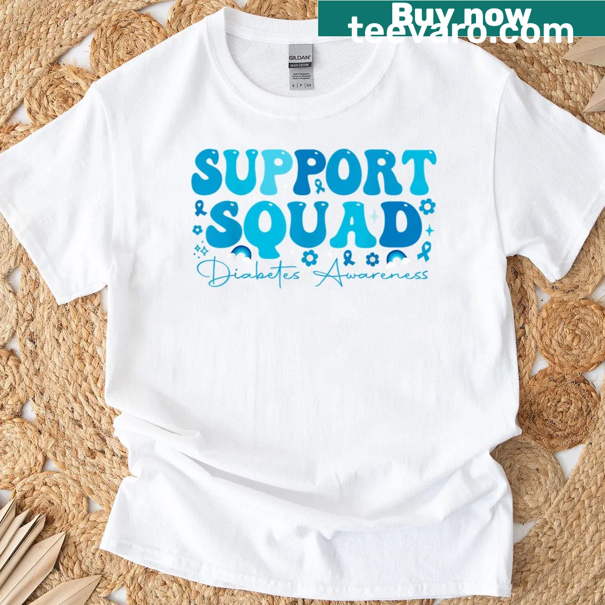 Groovy diabetes awareness t-shirt with playful graphics for men and women — on a men's t-shirt
