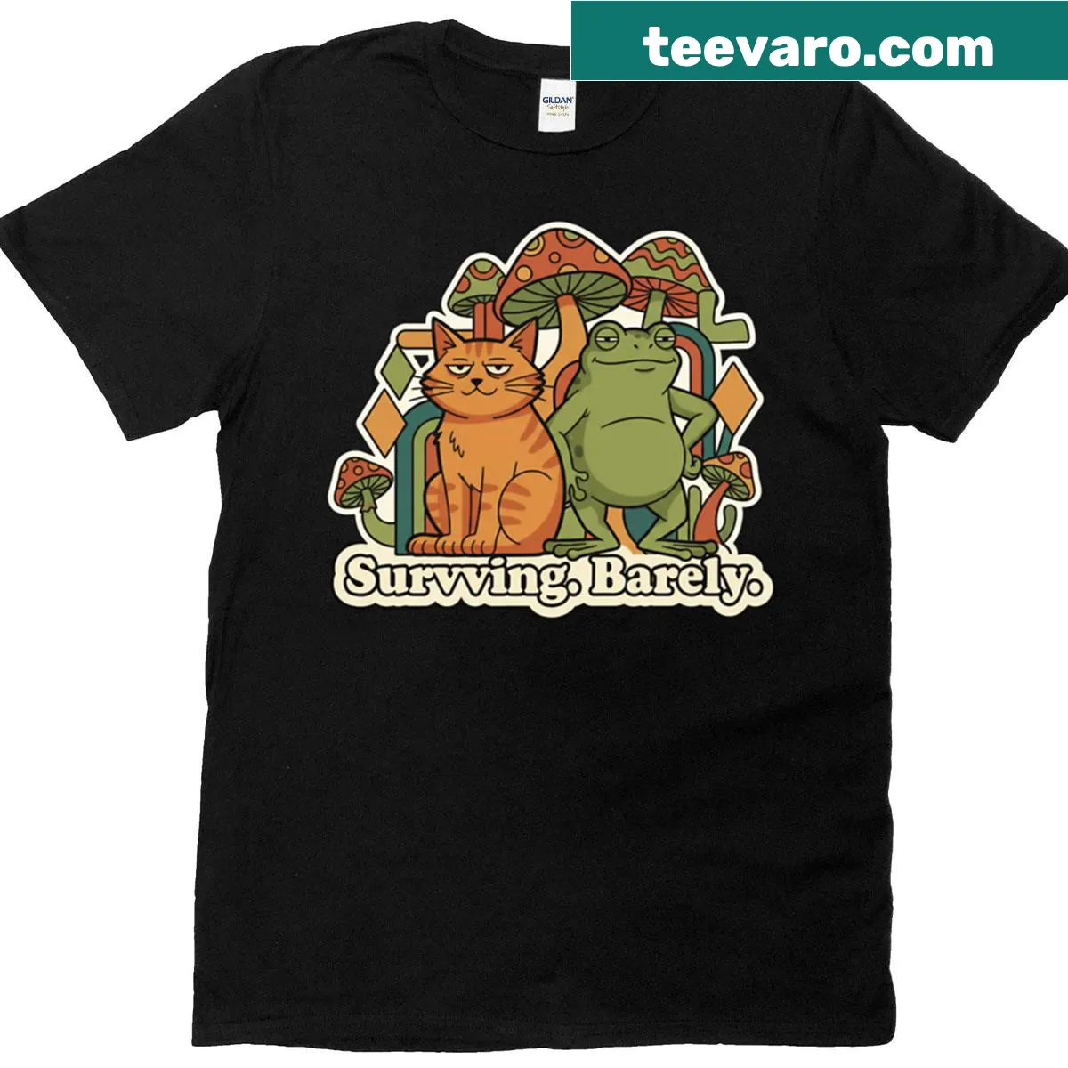 Retro T-shirt featuring a cute cat and frog in kawaii style — on a men's t-shirt