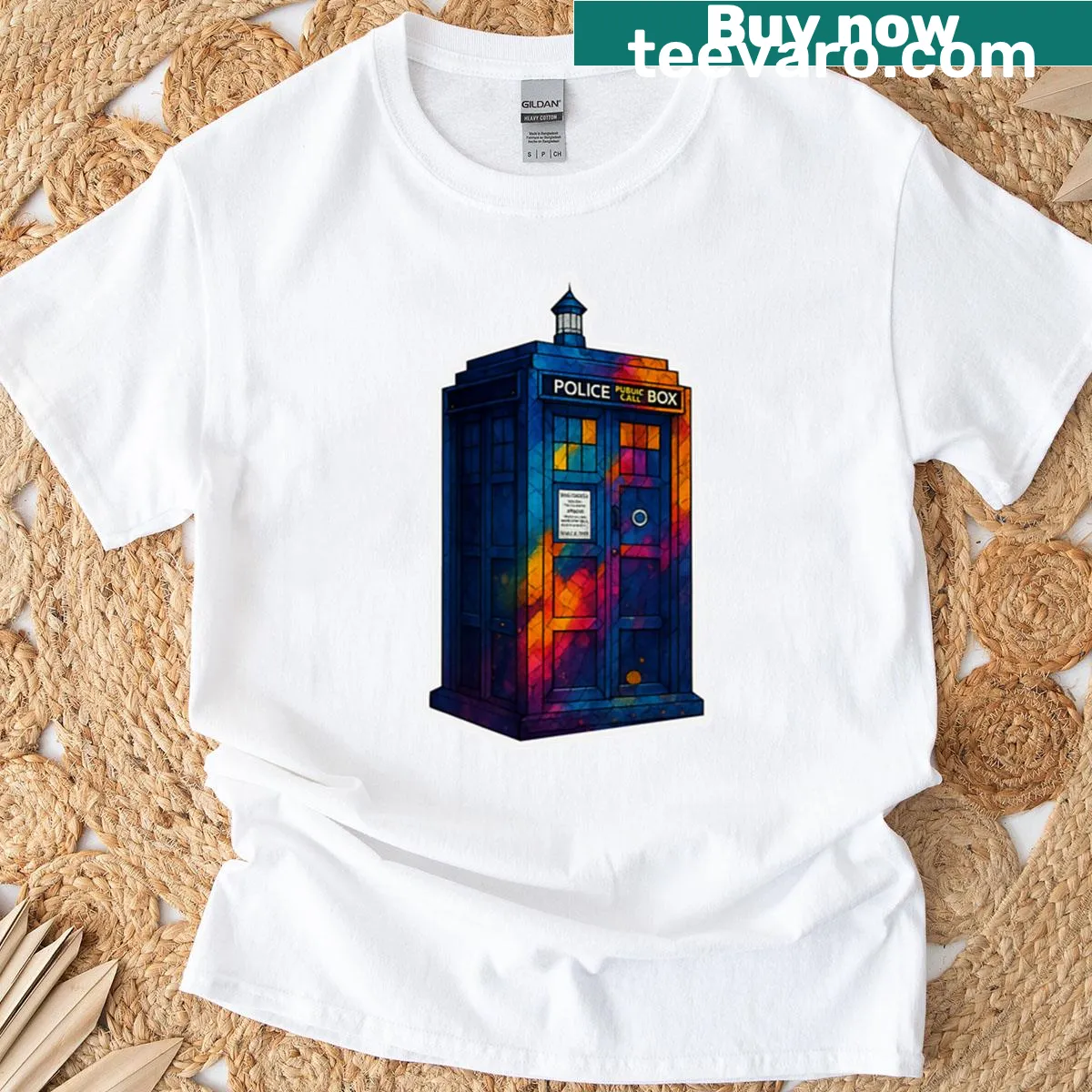 Stylized Tardis design T-shirt — on a men's t-shirt