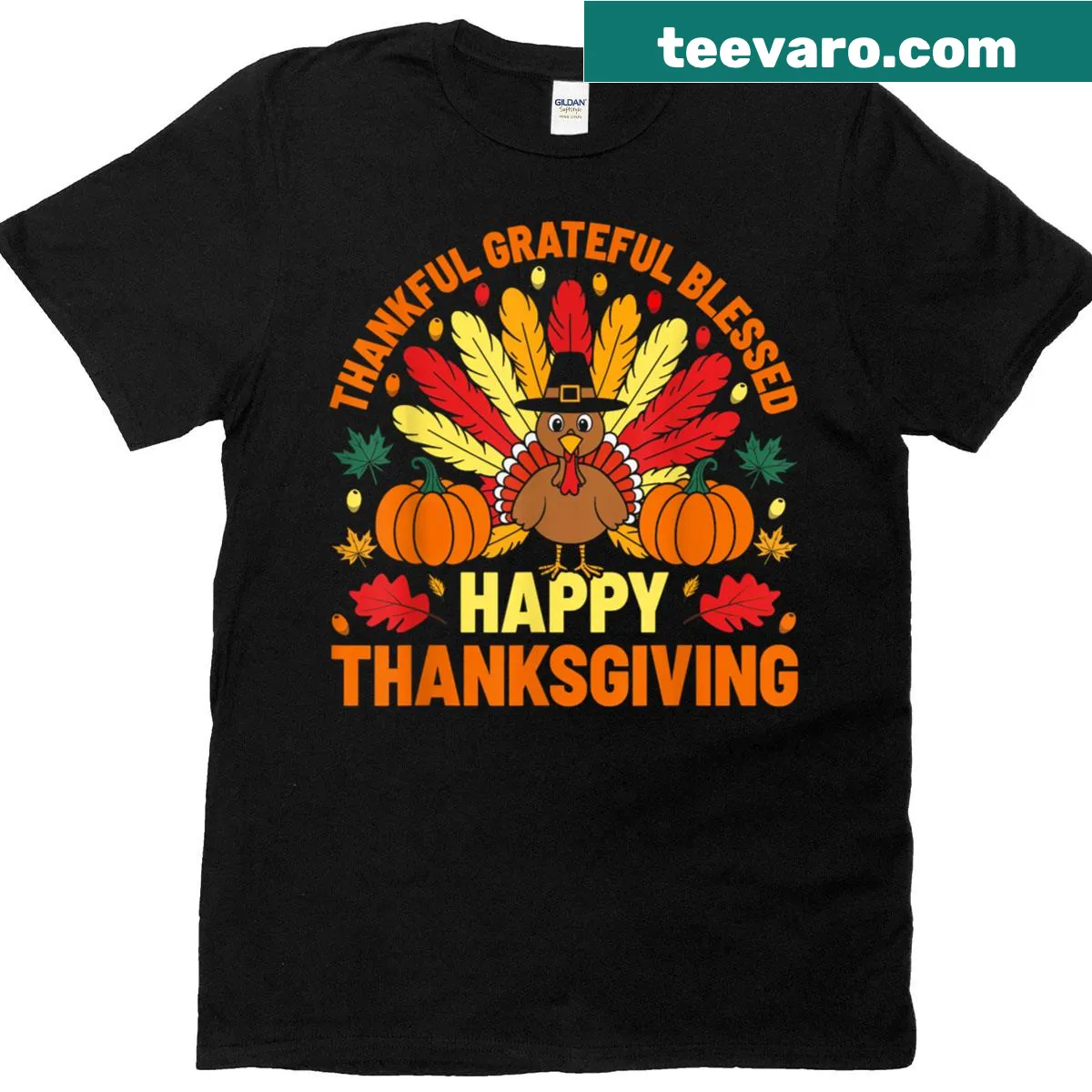 Thanksgiving turkey graphic t-shirt with the phrase Thankful Grateful Blessed — on a men's t-shirt
