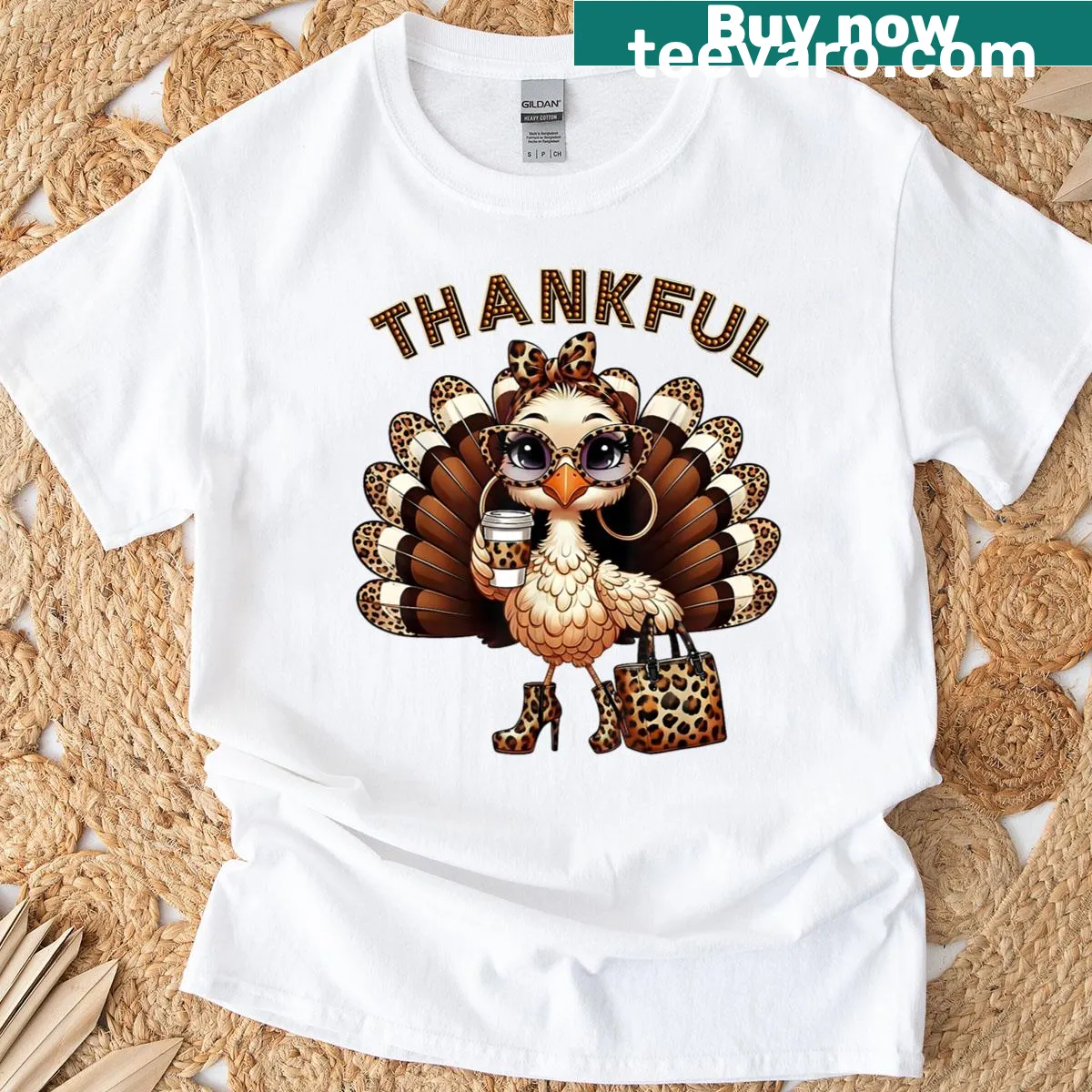 Kawaii leopard print turkey design on Thanksgiving t-shirt — on a men's t-shirt