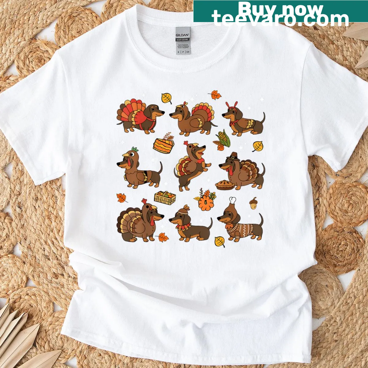 Cute dachshund in a pumpkin pie costume for Thanksgiving — on a men's t-shirt