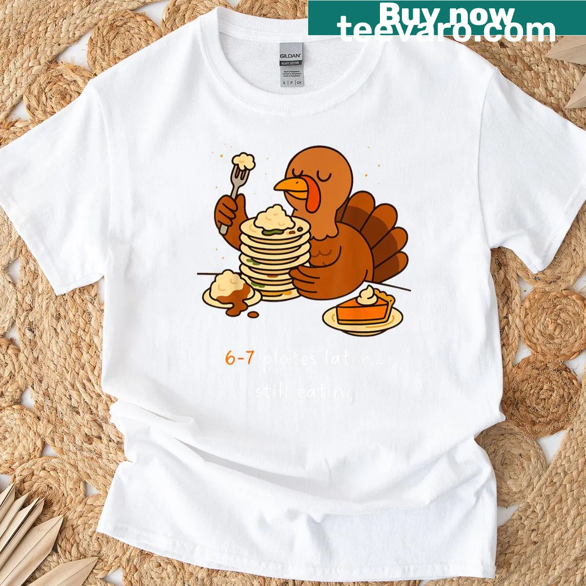 Funny Thanksgiving dinner '6-7 Plates Later' text on T-shirt — on a men's t-shirt