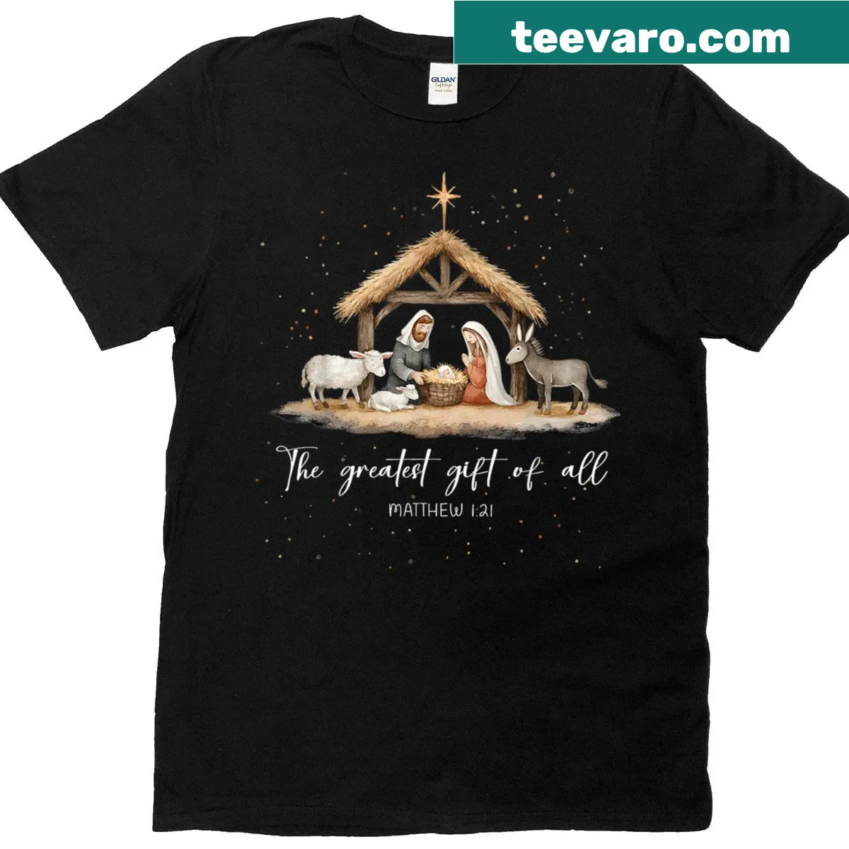 T-shirt depicting Nativity scene for Christmas celebrations — on a men's t-shirt