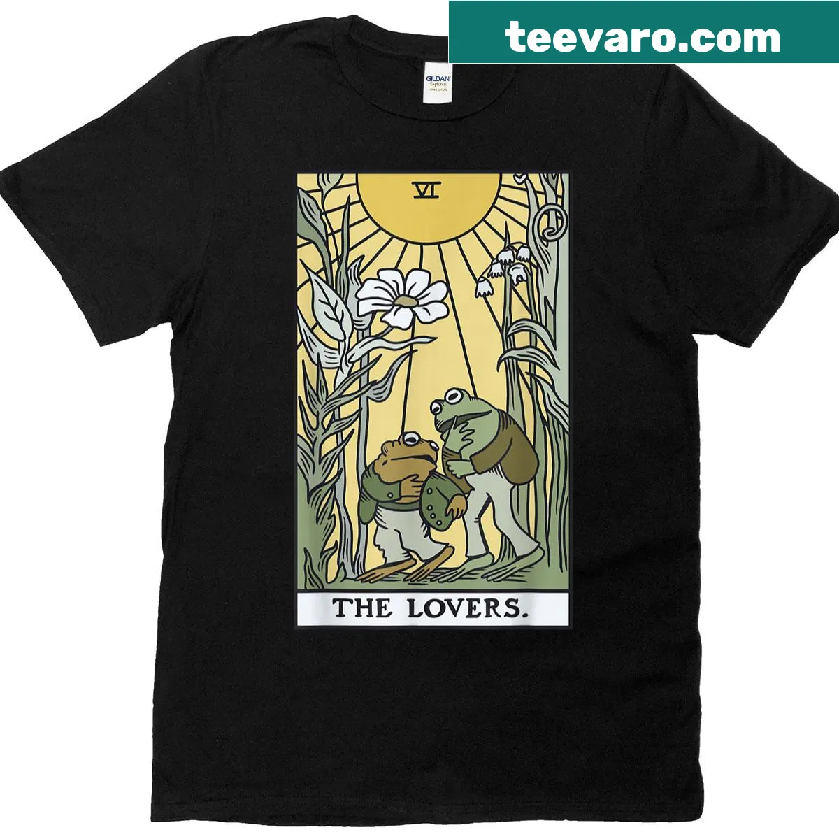 Tarot card-inspired frog and toad illustration T-shirt — on a men's t-shirt