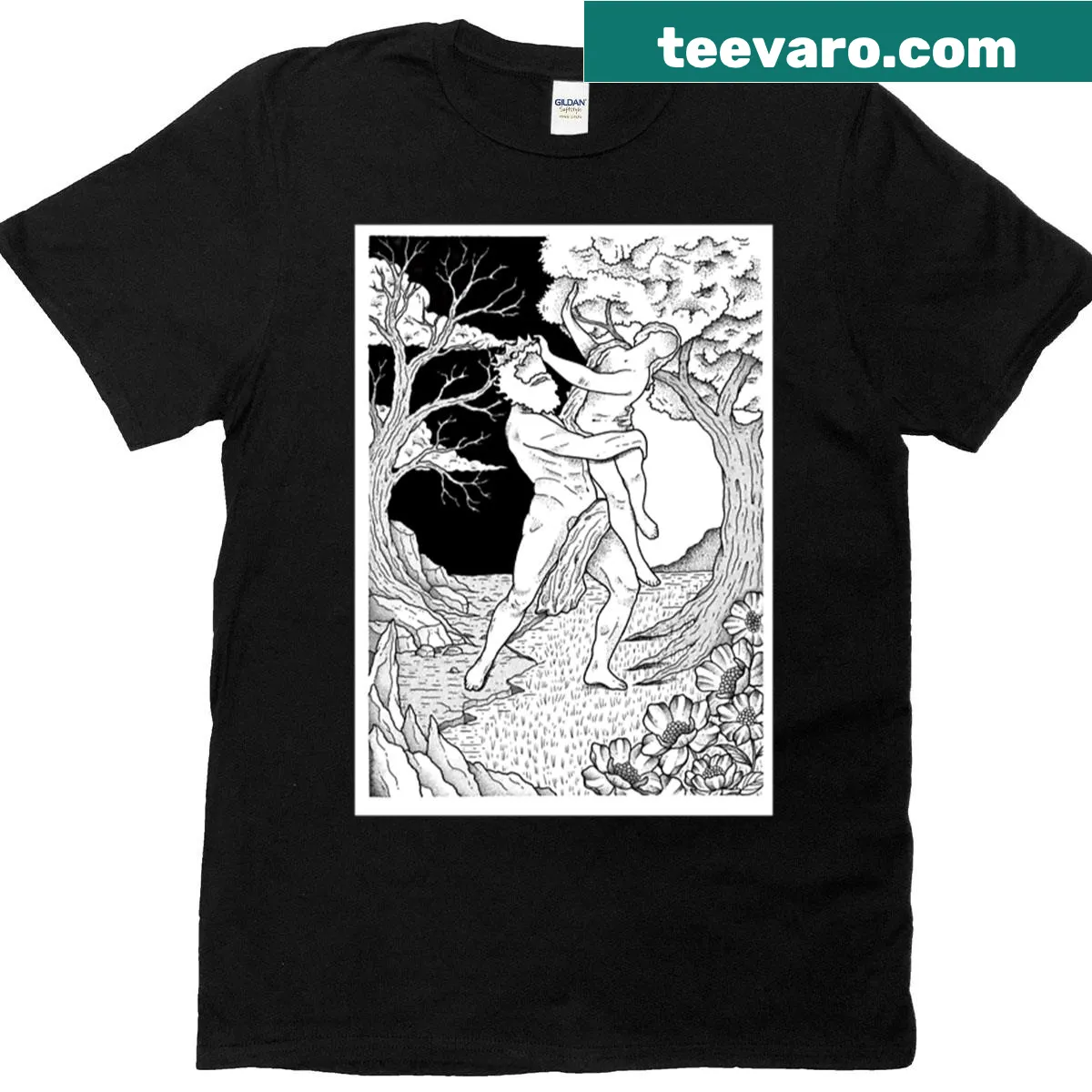 Artistic graphic T-shirt depicting the myth of Proserpina — on a men's t-shirt