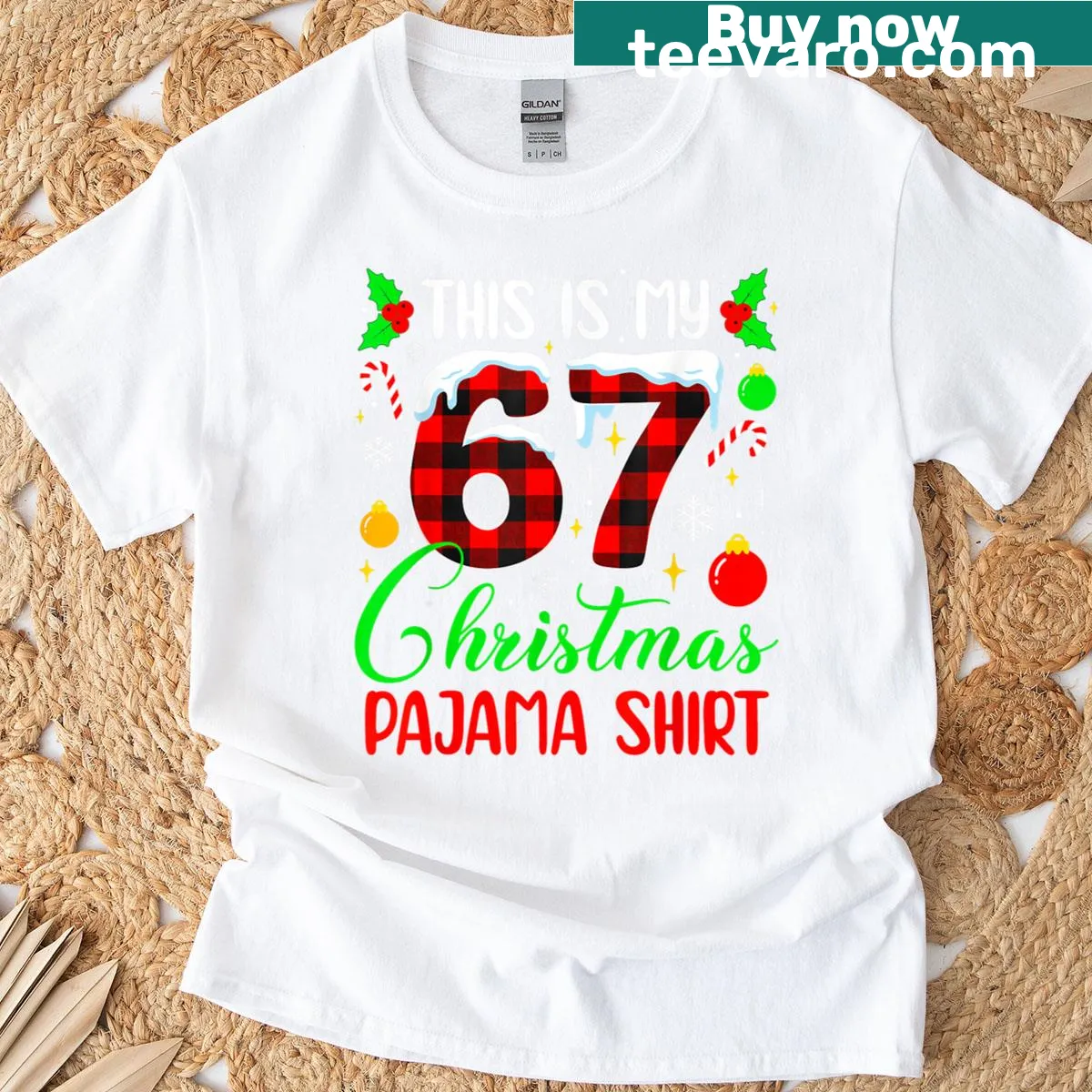 Funny Christmas pajama meme t-shirt with the number '67' — on a men's t-shirt