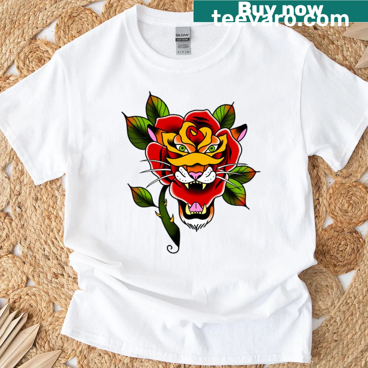 Tiger graphic intertwined with flowers on a casual t-shirt — on a men's t-shirt