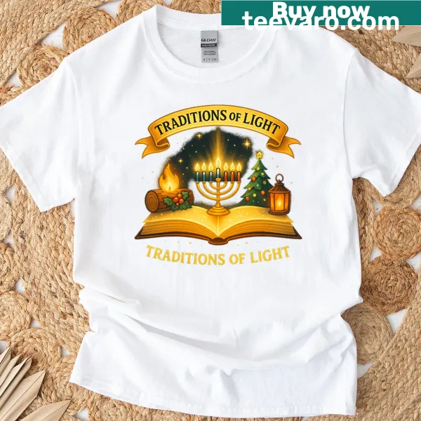 Artistic representation of holiday symbols including a menorah and Christmas tree