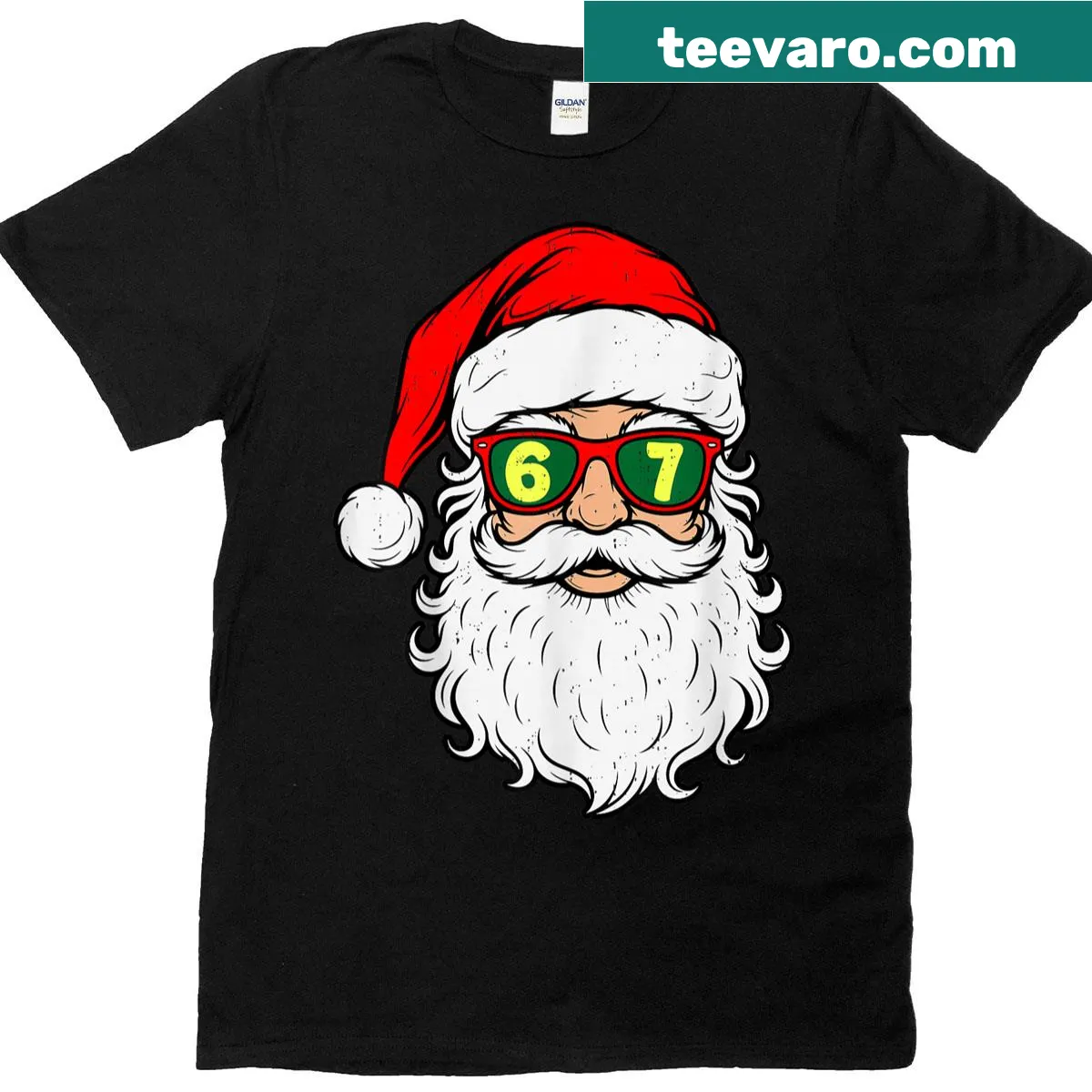 Funny Christmas t-shirt with '67' and Santa face design — on a men's t-shirt