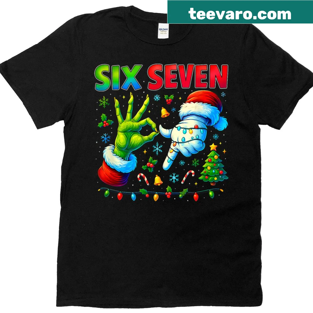Funny Christmas meme t-shirt with 'Trending Six Seven' text — on a men's t-shirt