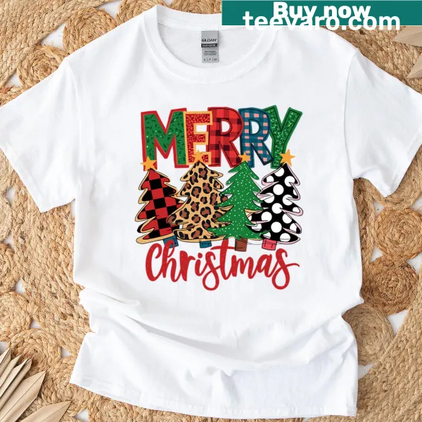 Stylish Christmas t-shirt with patterned trees and buffalo plaid