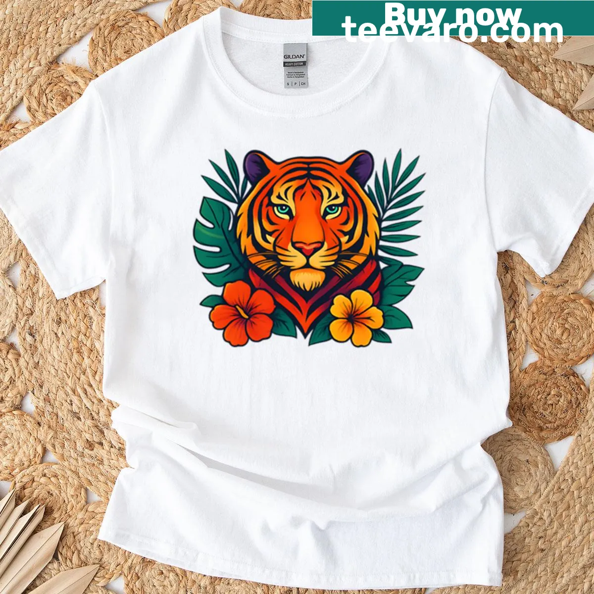 Illustrated T-shirt featuring a tiger in a jungle setting — on a men's t-shirt