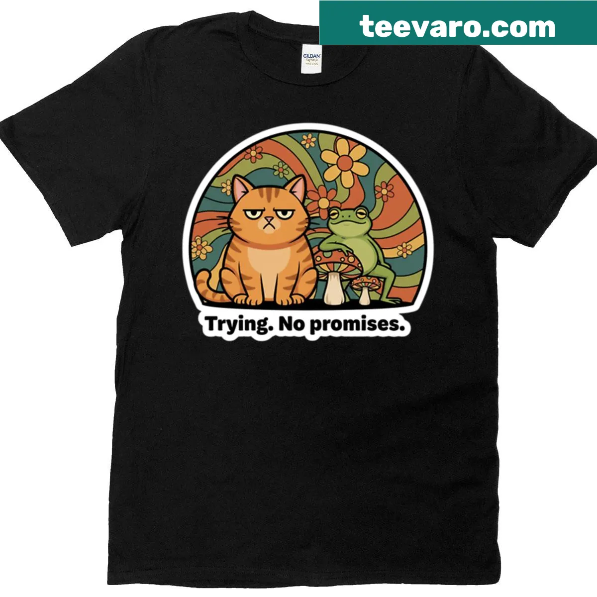 Retro kawaii cat graphic T-shirt with playful text — on a men's t-shirt