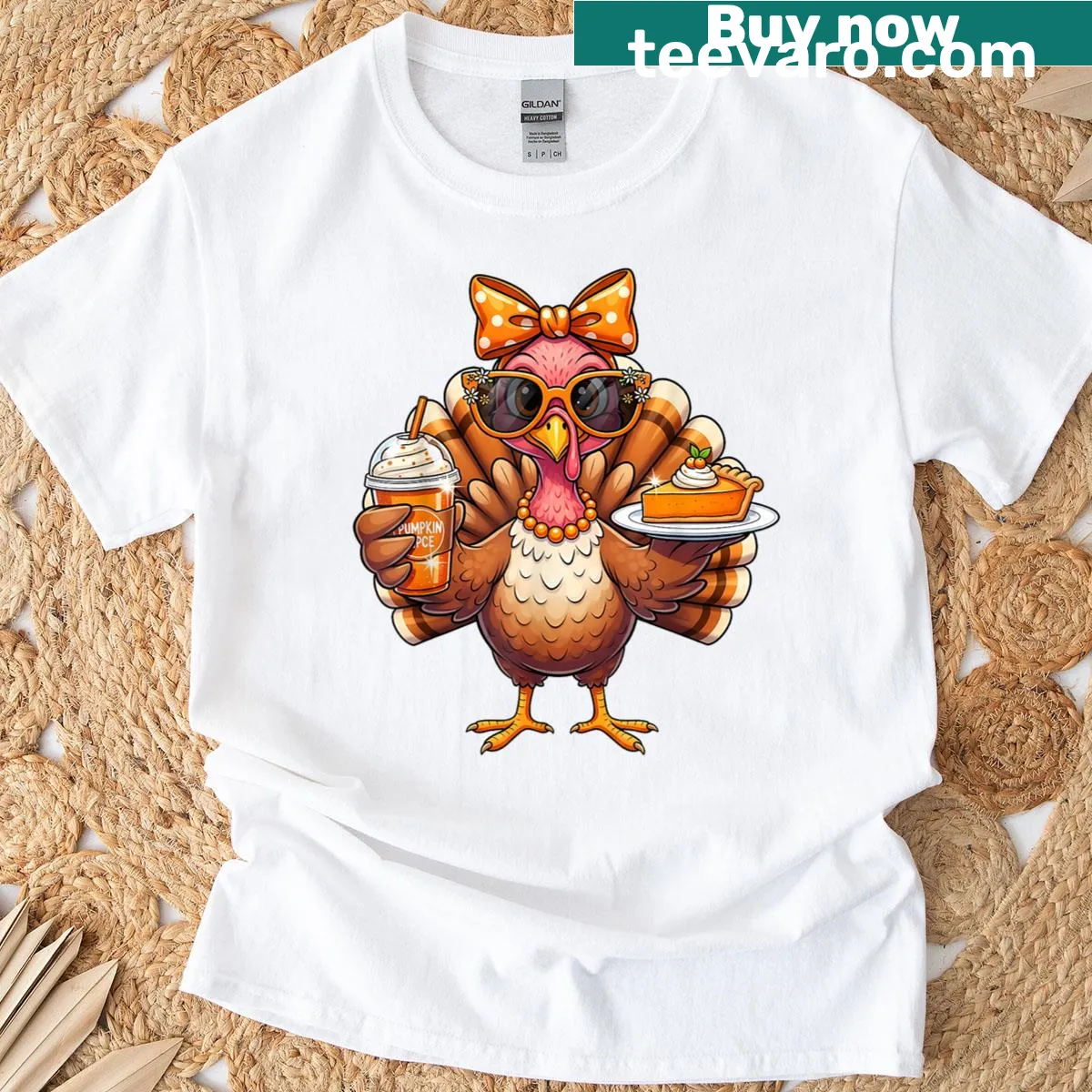 T-shirt with a cute turkey drinking coffee for Thanksgiving — on a men's t-shirt