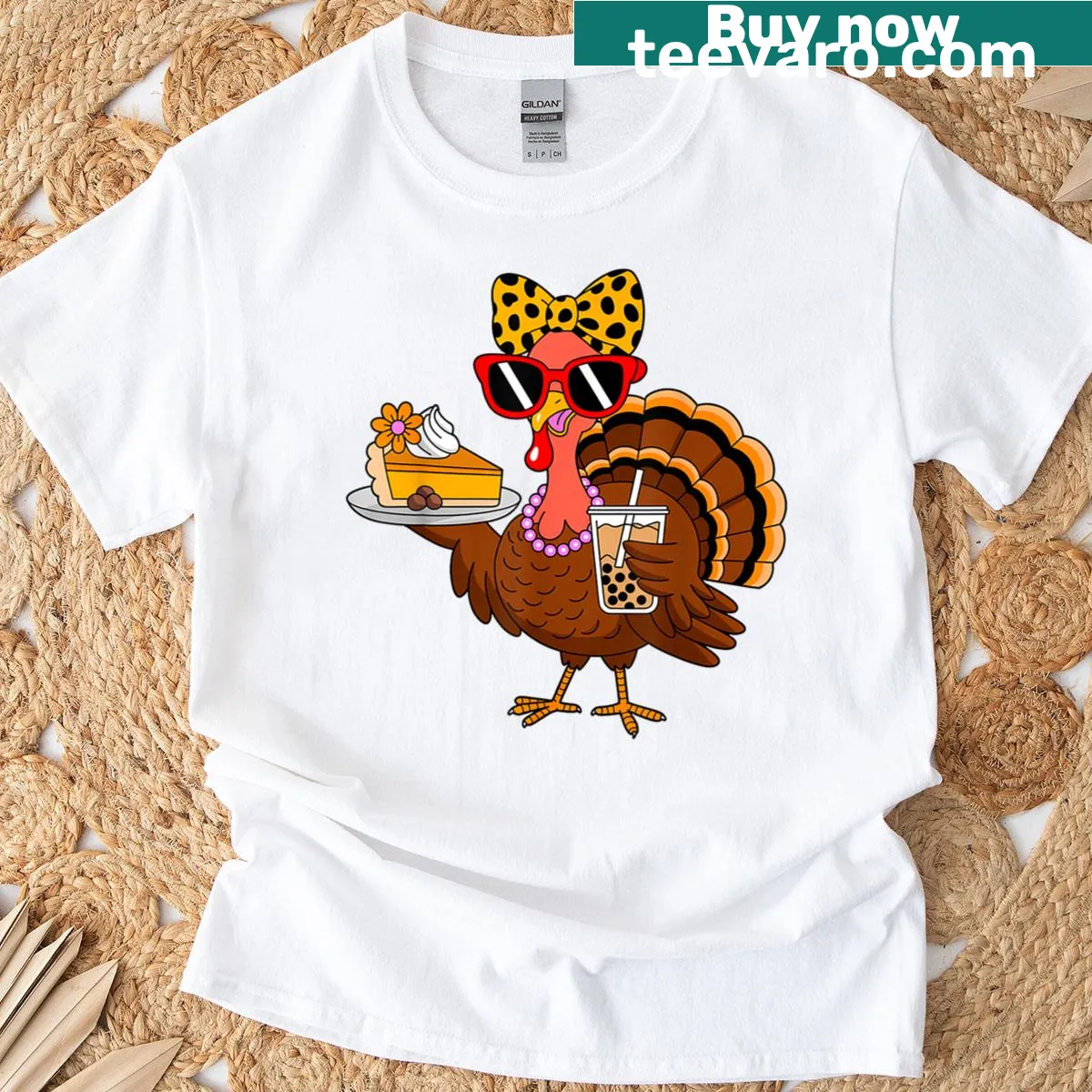 Funny turkey drinking coffee design on women's T-shirt — on a men's t-shirt