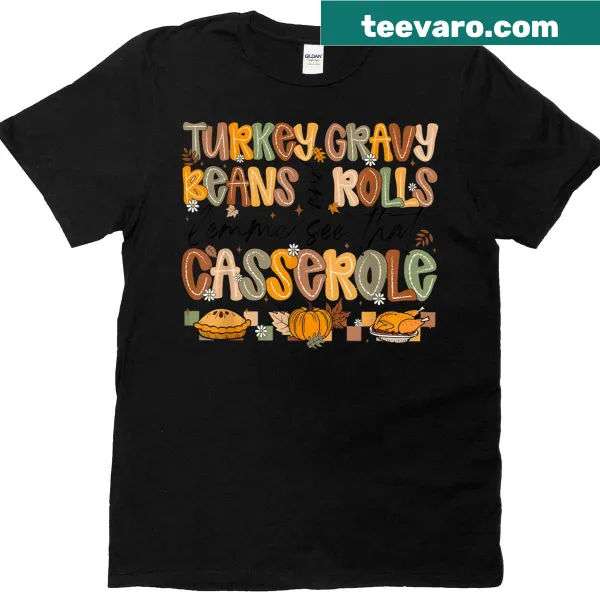 Thanksgiving T-shirt with illustrations of turkey gravy, beans, and rolls